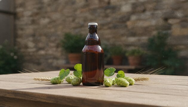 Refreshing amber beer bottle on a rustic wooden table with fresh hops
