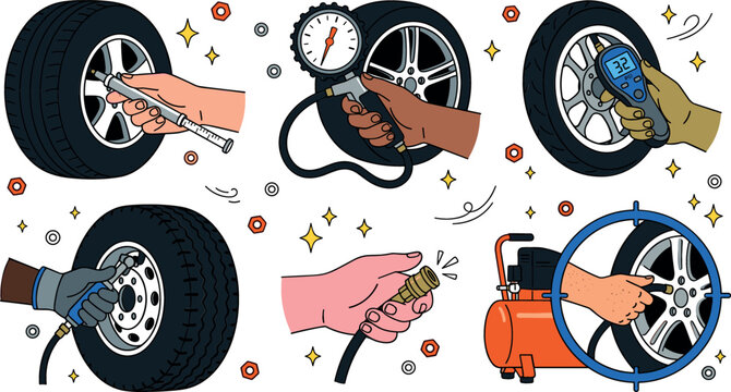 Car tire pressure vector set featuring hand holding digital gauge mechanical inflator air compressor hose checking wheel psi level and maintenance tools