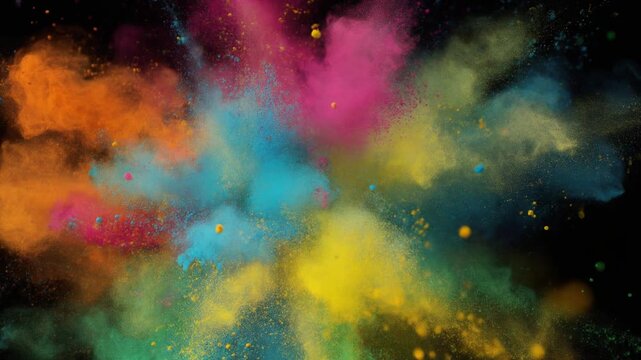 Vibrant explosion of colorful powder paint with dynamic splashes and bursts on black background