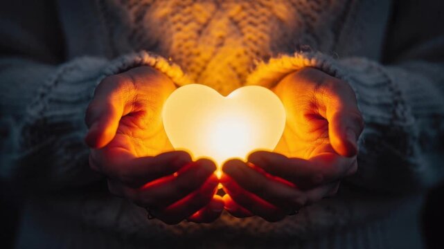 Warm glowing heart shape held gently in hands symbolizing love care warmth and compassion