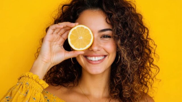 Happy young woman with curly hair holding lemon slice over eye smiling against bright yellow background