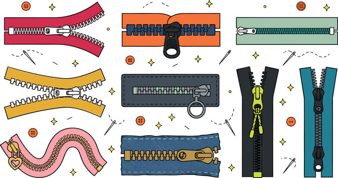 Clothing zipper vector set featuring colorful open closed plastic metal slider teeth wavy sewing fasteners buttons needles and denim garment accessories
