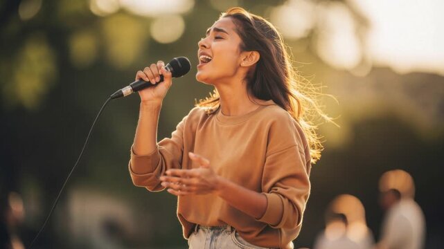 Young woman passionately singing outdoors with microphone in casual wear during golden hour