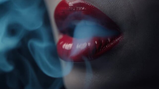 Close up of glossy red lips exhaling blue smoke with dark background sensual and mysterious atmosphere