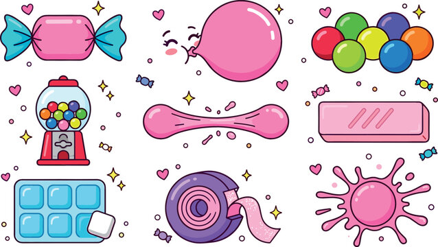 Bubble gum and candy vector set featuring gumball machine wrapped sweets pink bubble blowing emoji tape rolls blister packs and splash icons