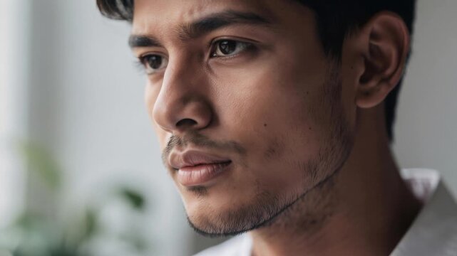 Close up thoughtful young man with facial hair looking away in soft natural light