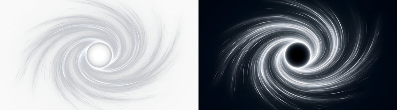 Swirling galaxy vortex of white light particles and dust on black background