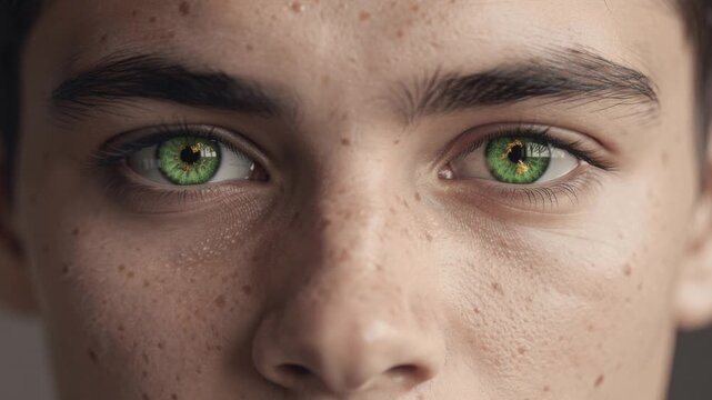 Close up of young man with green eyes and natural freckles on face looking directly into camera
