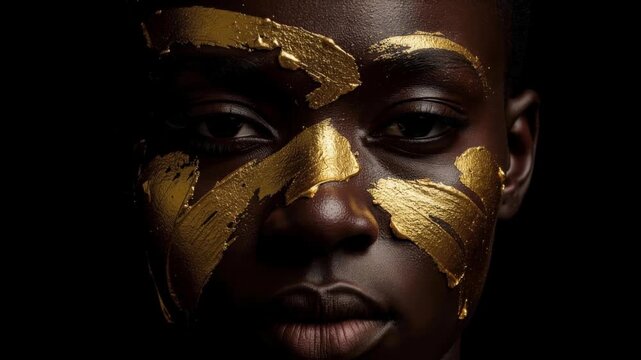 Close up portrait of a person with dark skin and gold paint accents on face against black background