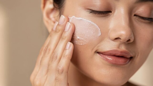 Close up of woman applying moisturizing cream on smooth glowing skin with gentle touch and closed eyes