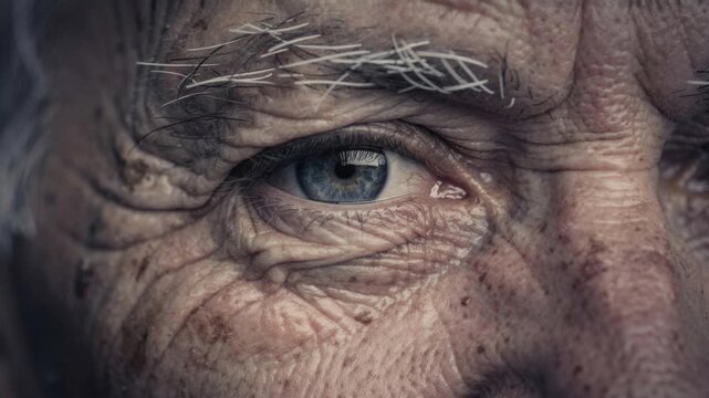 Close up of elderly man with blue eyes and detailed wrinkles showing aging skin and natural texture