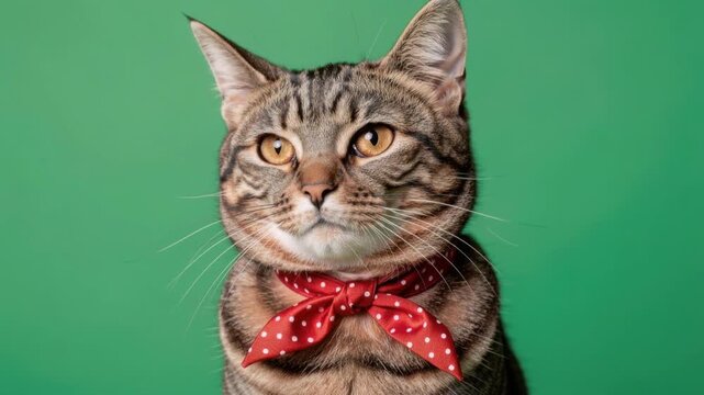 Cute tabby cat with yellow eyes wearing red polka dot bow tie on green background