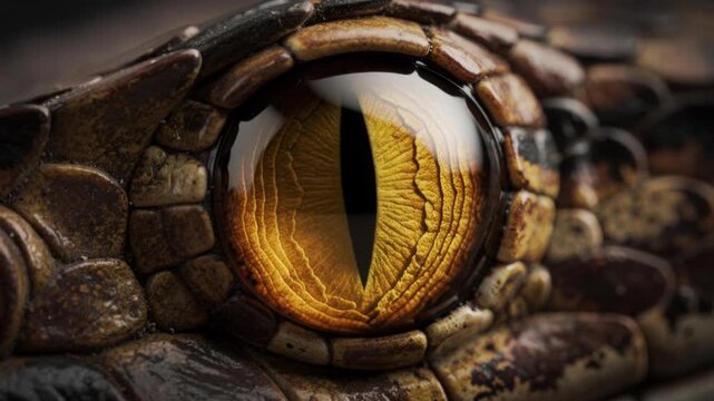 Close up detailed view of a crocodile eye with textured scales and golden iris in natural light