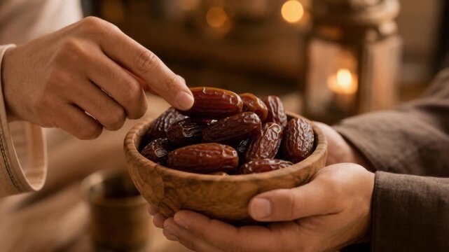 Hand sharing a wooden bowl of fresh dates with warm candlelight in the background during a cozy gathering