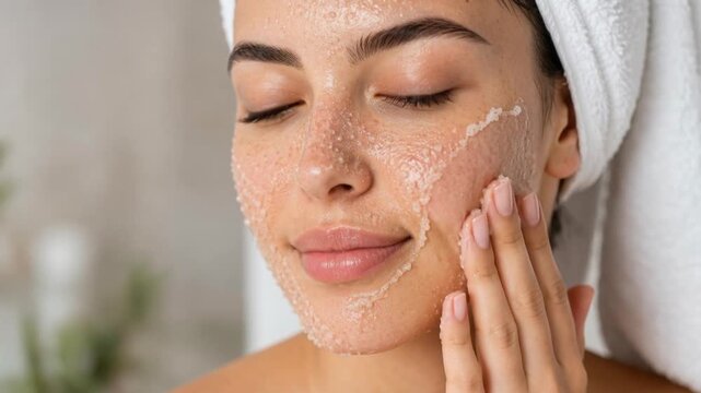 Young woman applying facial scrub for glowing skin care and beauty treatment at home