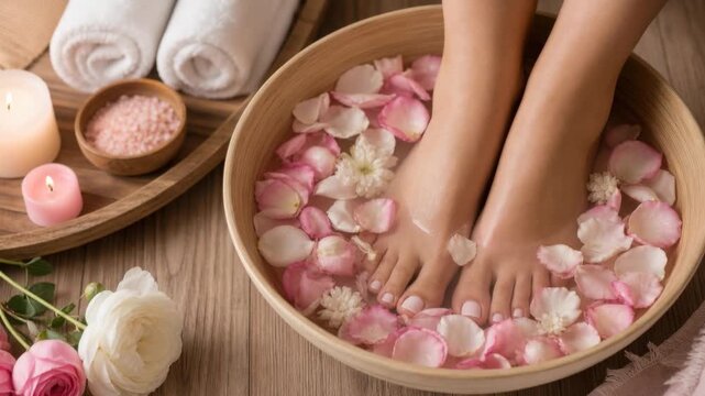 Relaxing foot spa with rose petals and candles for soothing self care and wellness at home