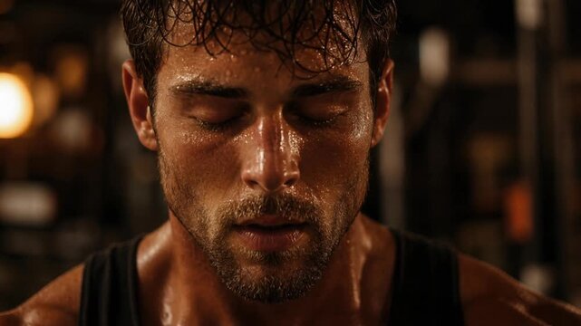 Close-up of a muscular man sweating during an intense workout with eyes closed in gym environment