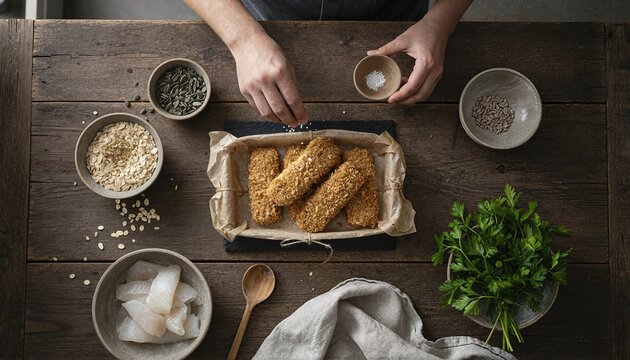 Rustic flat lay of seed-crusted fish sticks with fresh raw ingredients