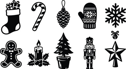 Naklejka premium Christmas Winter Holiday Silhouette Icon Set Featuring Stocking Candy Cane Pinecone Mitten Snowflake Gingerbread Tree Nutcracker and Star