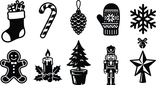 Christmas Winter Holiday Silhouette Icon Set Featuring Stocking Candy Cane Pinecone Mitten Snowflake Gingerbread Tree Nutcracker and Star
