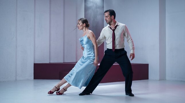 Professional Tango Dancers After Sweeping Movement in Icy Blue Satin and Wine Red Fashion Film Studio