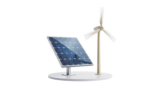 Renewable energy solar panel and wind turbine model, sustainable green power technology, clean electricity generation concept isolated PNG with Transparent Background