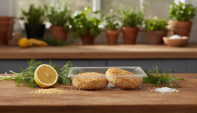 Rustic kitchen scene with fresh ingredients and golden fishcakes
