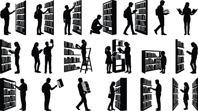 Library People and Bookshelves Silhouette Collection