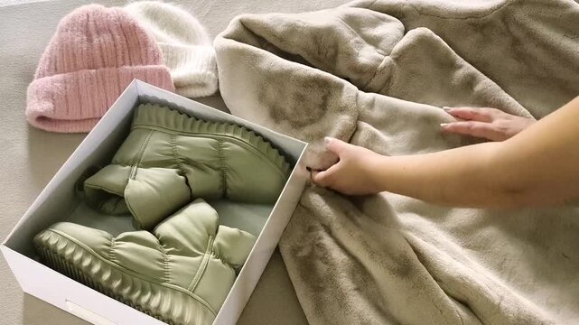 The woman is preparing winter and autumn clothing for the upcoming cold weather. coat and hats, preparing seasonal footwear and outerwear for winter and autumn.