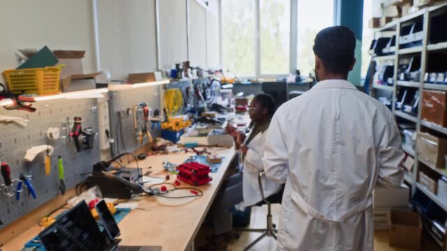 Indian male engineer and Black female scientist collaborating on robotic prototype assembly in technology lab. Perfect for videos showcasing STEM education and diverse tech workplace innovation