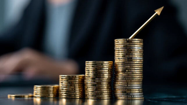 rows of gold coin stacks growing taller with golden rising arrow on dark blue background, financial growth and investment success concept, business profit and wealth increase illustration
