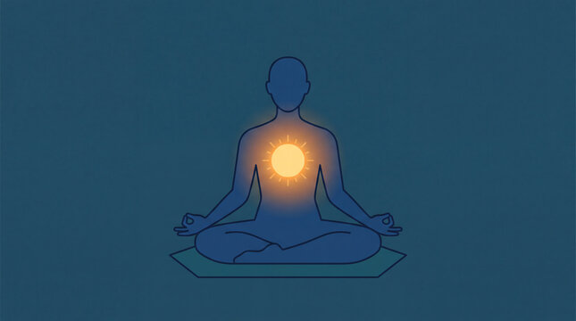 Meditation and Mindfulness Concept Illustration with Glowing Sun Light inside Human Silhouette Body