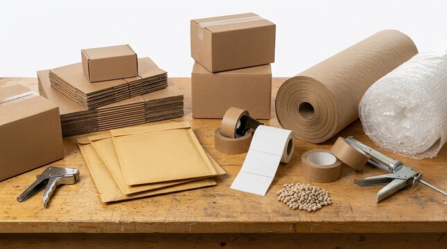 Ecommerce packing supplies on workbench with cartons, padded mailers, kraft paper, bubble wrap, paper tape, labels, void fill pellets, and sealing gun