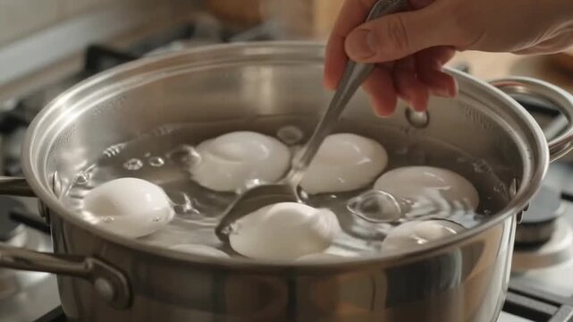 Hand stirring boiling eggs in stainless steel pot on stove