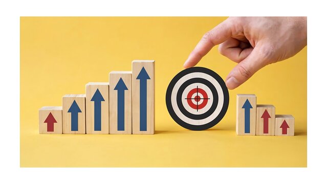 Hand placing on increasing growth chart with upward arrows against yellow background