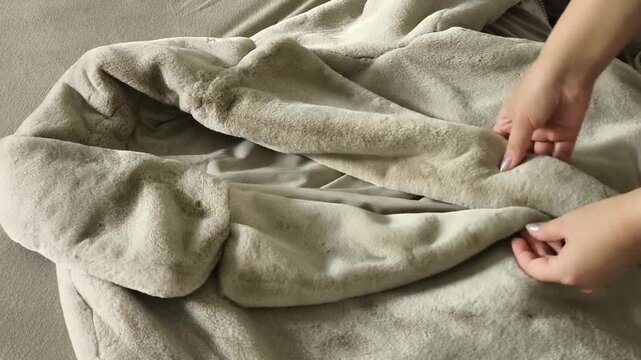 Woman touching the faux fur collar of an eco fur coat on a bed, preparing warm winter clothing, autumn and winter outerwear concept.
