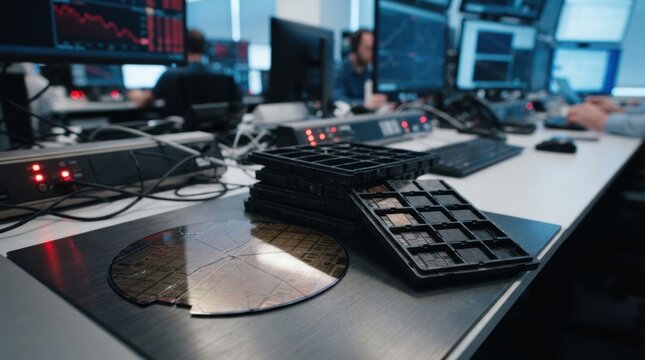 Semiconductor market selloff with cracked wafers, fallen chip trays, red indicators, and trading workspace reflections