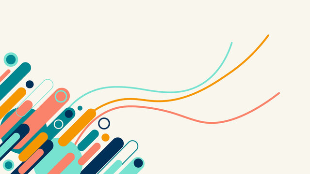 Modern background design with diagonal rounded rectangles and circles in vibrant colors complemented by elegant thin curved lines for a professional creative layout.