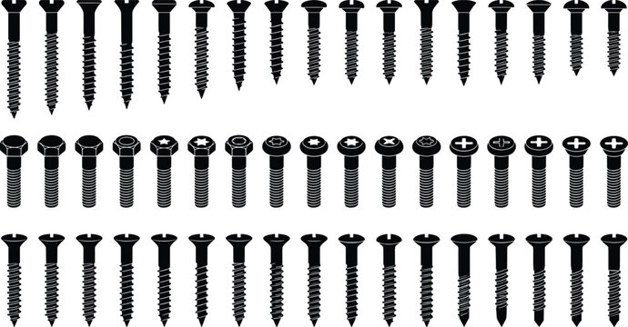 Set of screw and bolt silhouettes with different head types isolated on white background for construction