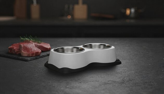 Sleek white feeding station on dark slate with moody lighting