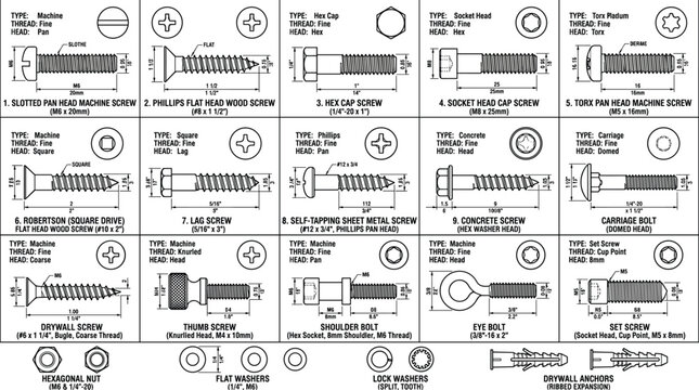 Technical blueprint diagram chart of industrial screws bolts nuts washers and anchors with detailed measurements vector illustration