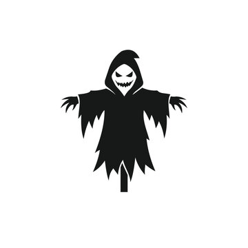 Spooky scarecrow vector icon with hood and creepy smile isolated on white background (90 characters)
