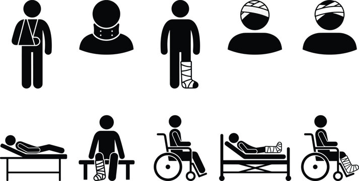 Trauma patient injury and accident recovery glyph icon set featuring bandage sling splint and wheelchair assistance