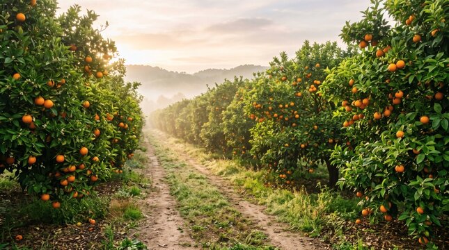Beautiful morning sunlight shining over a lush orange orchard with ripe fruit on trees.