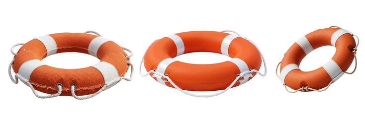 Three orange life buoys with white stripes and attached ropes arranged horizontally for water safety equipment collection isolated on transparent studio background © ATIQULISLAM