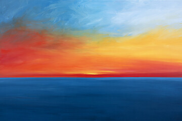 Obraz premium Vivid Sunset Horizon And Deep Blue Ocean Minimalist Oil Painting