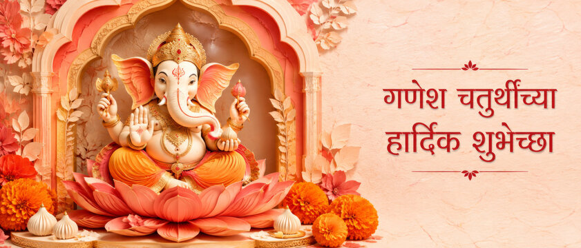Ganesh Chaturthi celebration featuring Lord Ganesha idol with floral decorations