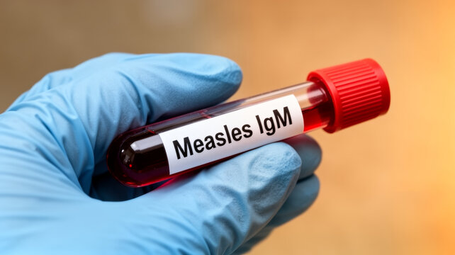Measles outbreaks concept ,close up of gloved hand holding blood vial label measles IgM test for infection diagnosis