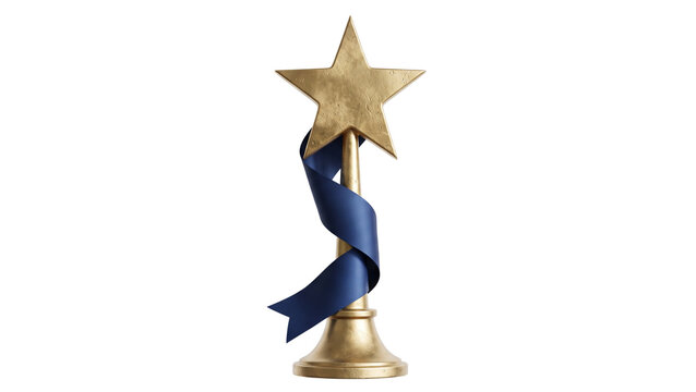 Golden star award trophy with blue silk ribbon stands on pedestal for recognition and victory. This reward symbolizes achievement and excellence in competition.