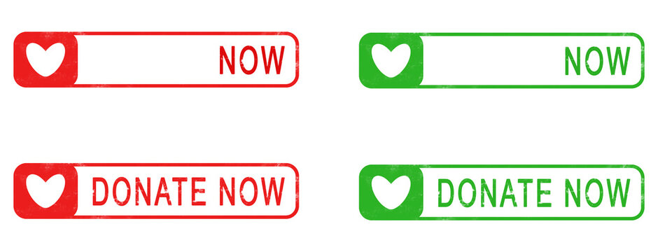 Red and Green Donate Now Button Labels with Heart Symbols Set